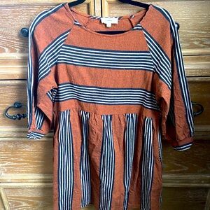ENTRO Dress, 3/4 Sleeves, Lined, Stripes, Burnt Orange, Size Medium